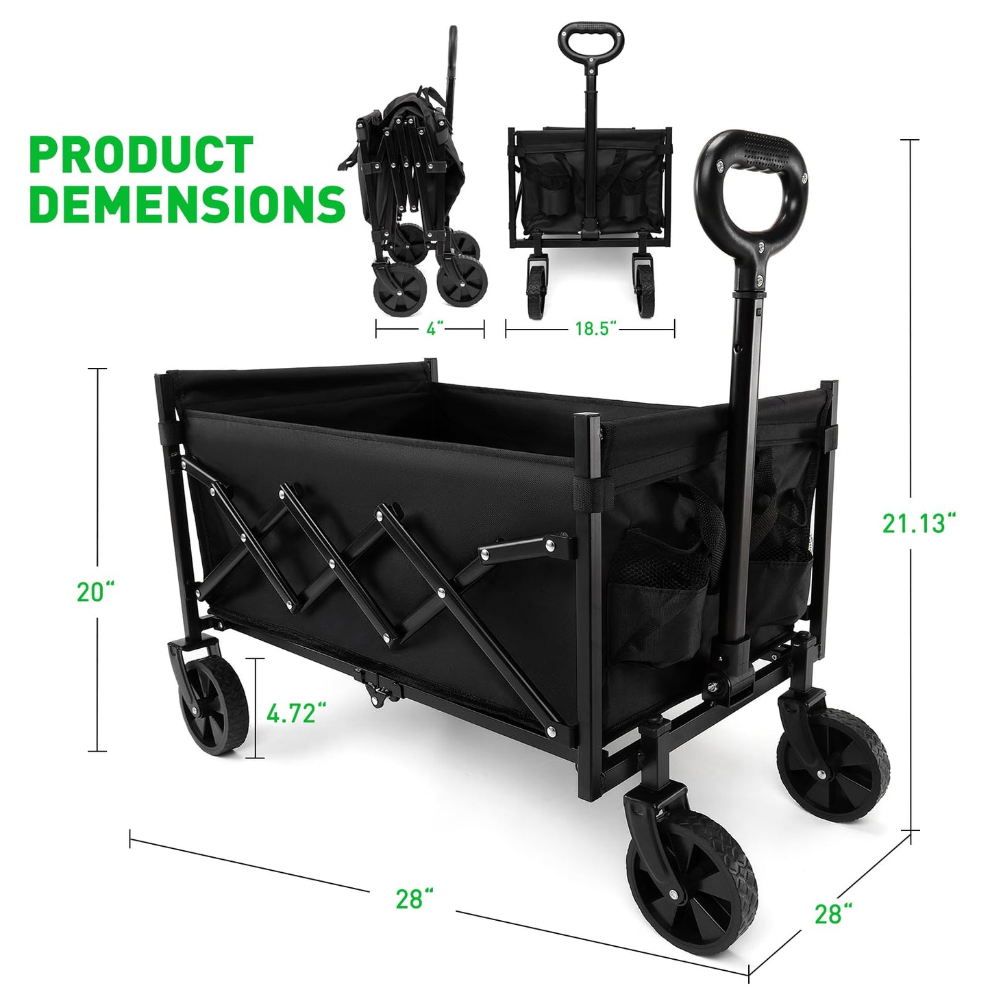 Collapsible Foldable Camping Cart, 200lbs Foldable Wagon Cart with Wheels, 150L Shopping Cart for Groceries Folding Utility Wagon for Beach, Garden, Camping, Sport, Black