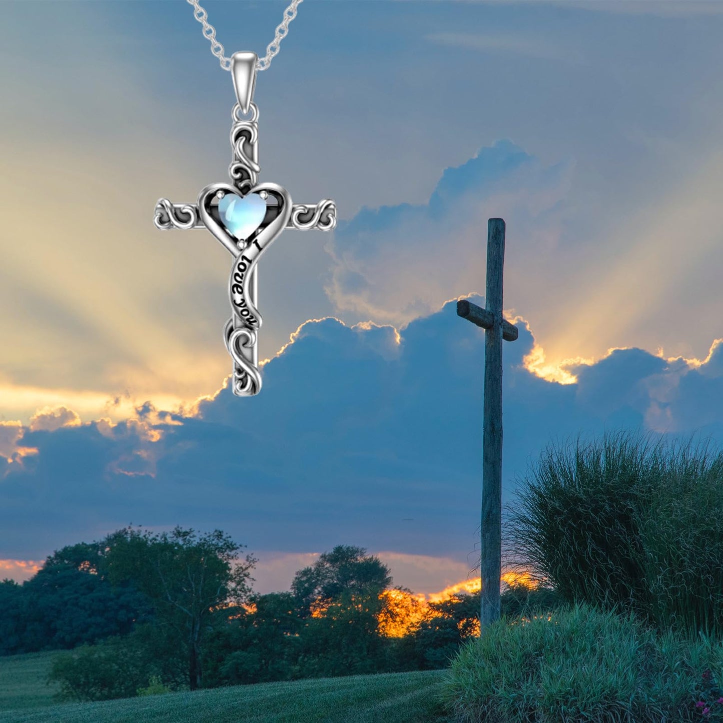 TOUPOP Moonstone Cross Necklace for Women Sterling Silver June Birthstone Cross Pendant Necklace Heart Love Jewelry for Her Girlfriend Wife Mom Anniversary Birthday Mothers Day Gifts