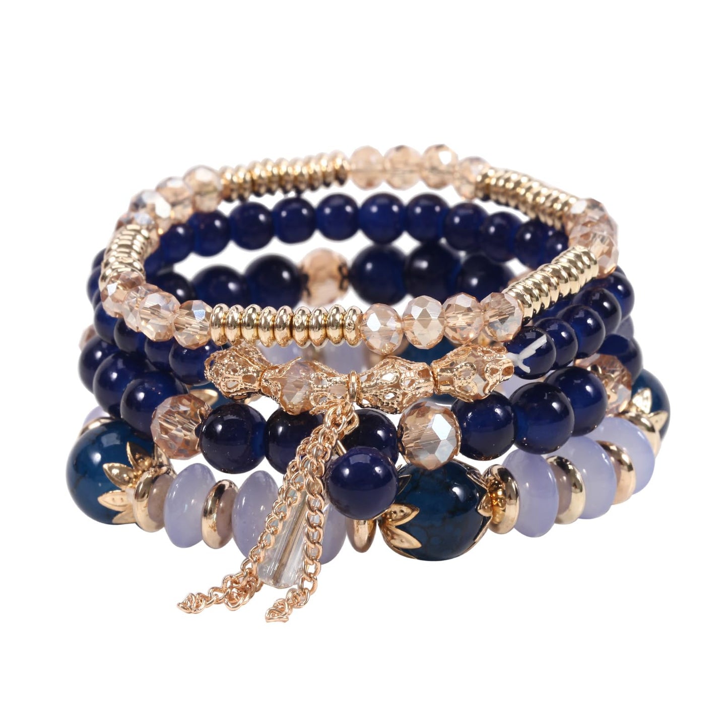 LOTSOF Bohemian Green Jade Stackable Bracelet Set - 4-Layer Stretch Beaded Bracelets with Gold Accents, Boho Jewelry for Women, Fashion Statement Accessory (Gift Ready) (Dark Blue)