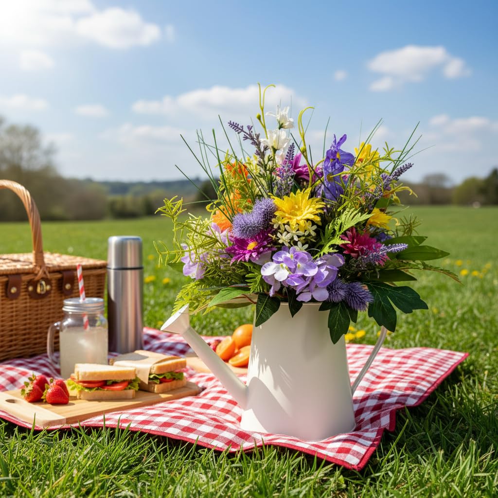 Lnymura 14 Inch Farmhouse Floral Centerpiece in Watering Can, Lighted Spring Summer Wildflower Arrangement with Timer Daisies for Table Decor Home and Kitchen