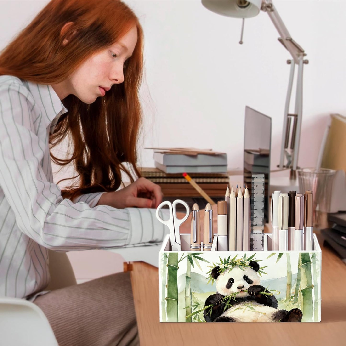 SkyCozy Panda Pen Pencil Holder for Desk, Panda Gifts for Women Girls, Animal Lovers Gifts Wooden Box Sign Decorations for Kids Room Bedroom Home Office Desk Tabletop