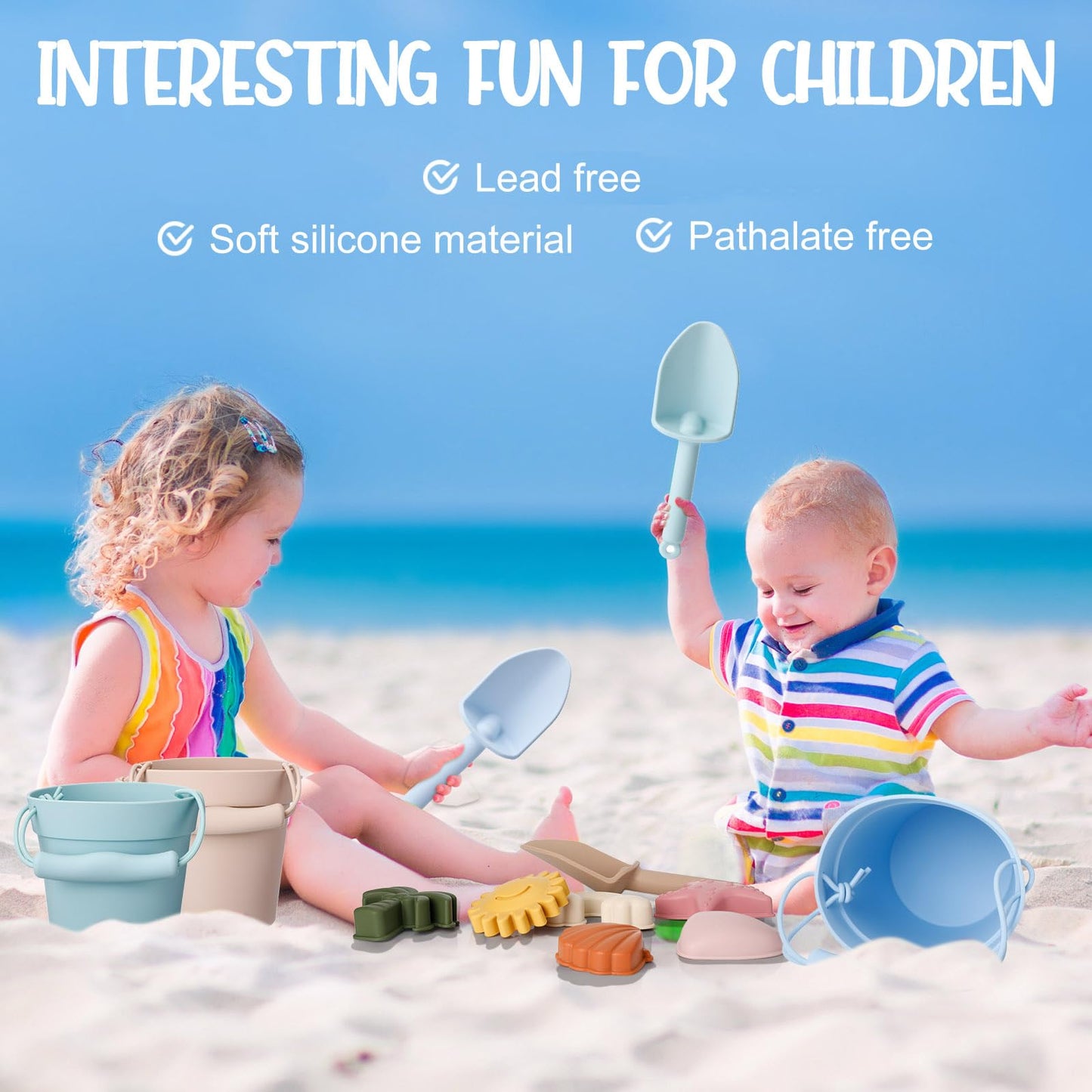 Hungdao 16 Pcs Silicone Beach Toys Travel Friendly Beach Set Colorful Toys Include 3 Silicone Bucket Pail, 3 Shovel, 9 Sand Molds, 1 Bag for Summer Pool Outdoor(Beige, Blue, Teal)