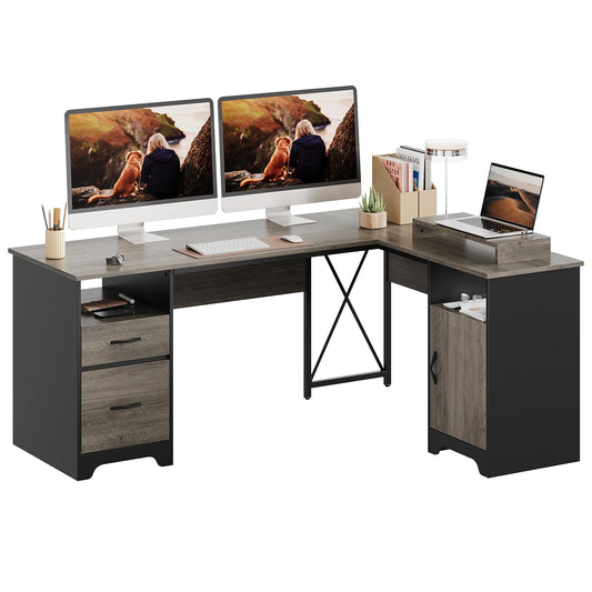 Bestier L Shaped Desk with File Drawers, 63" x 47" Office Computer Desk with Storage Cabinet, Corner Desk with Monitor Stand & Modesty Panel for Home Office, Gray