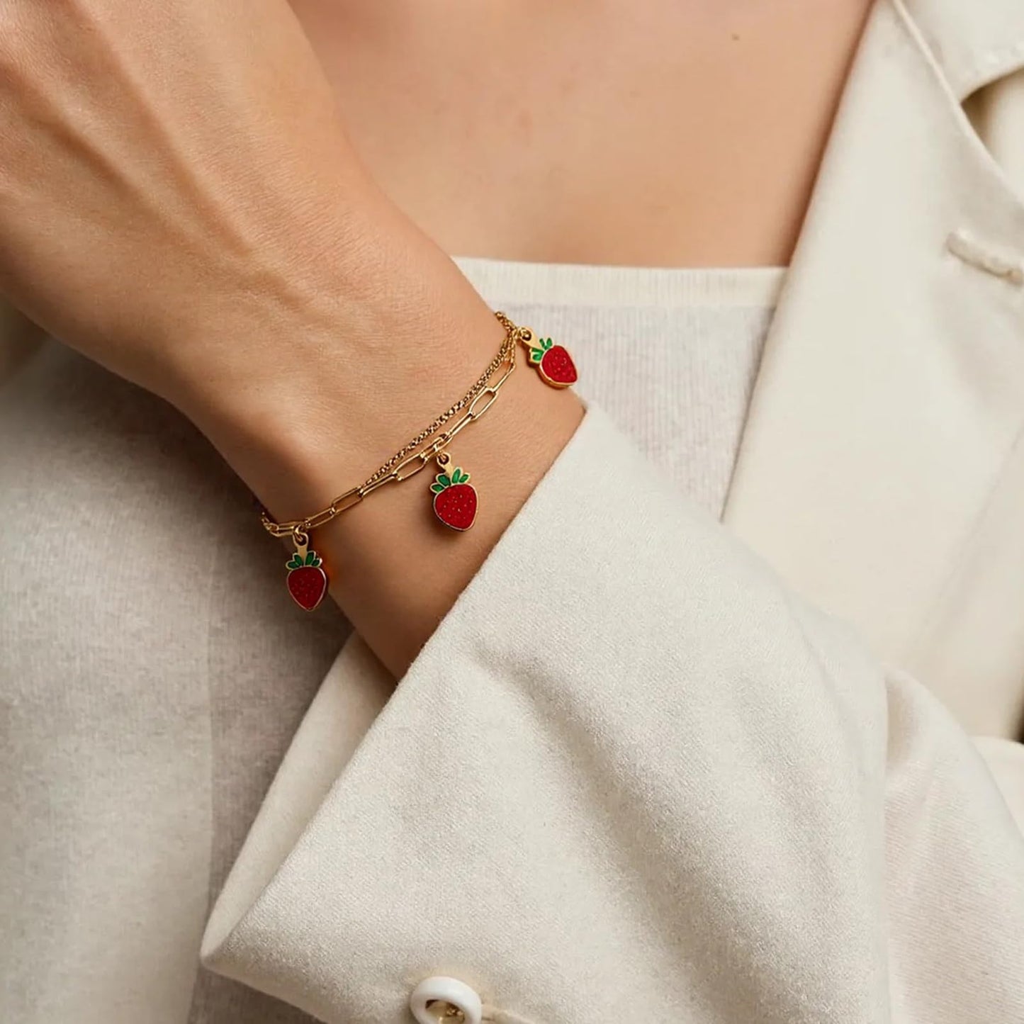 LCTrusttmor Gahna Strawberry Bracelets for Women, 18K Gold Plated Strawberry Fruit Charms with Adjustable Layered Chain Link for Women Summer Jewelry Gifts