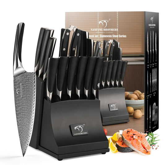 NANFANG BROTHERS Damascus Kitchen Knife Set, 15-Piece with Block, ABS Ergonomic Handle, Carving Fork, Disconnect-type Knife Block (Black)