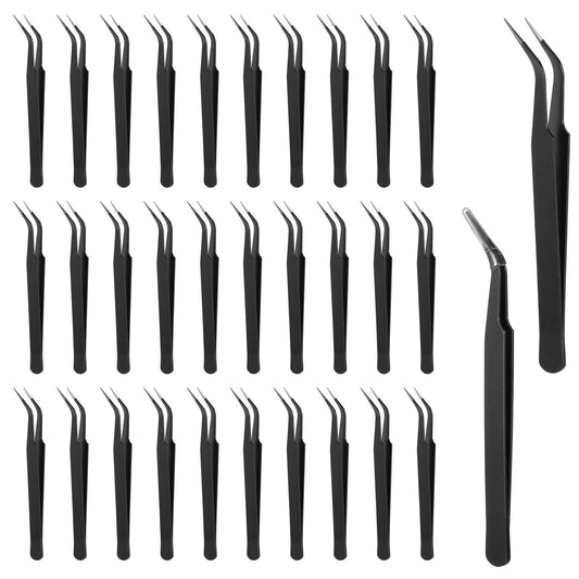 30Pcs Stainless Steel Craft Tweezers 4.9Inch Curved Pointed Tweezers with Protective Cover, Multipurpose High Precision Tweezer for Craft Sewing Stickers Eyelash Jewelry Making(Black)