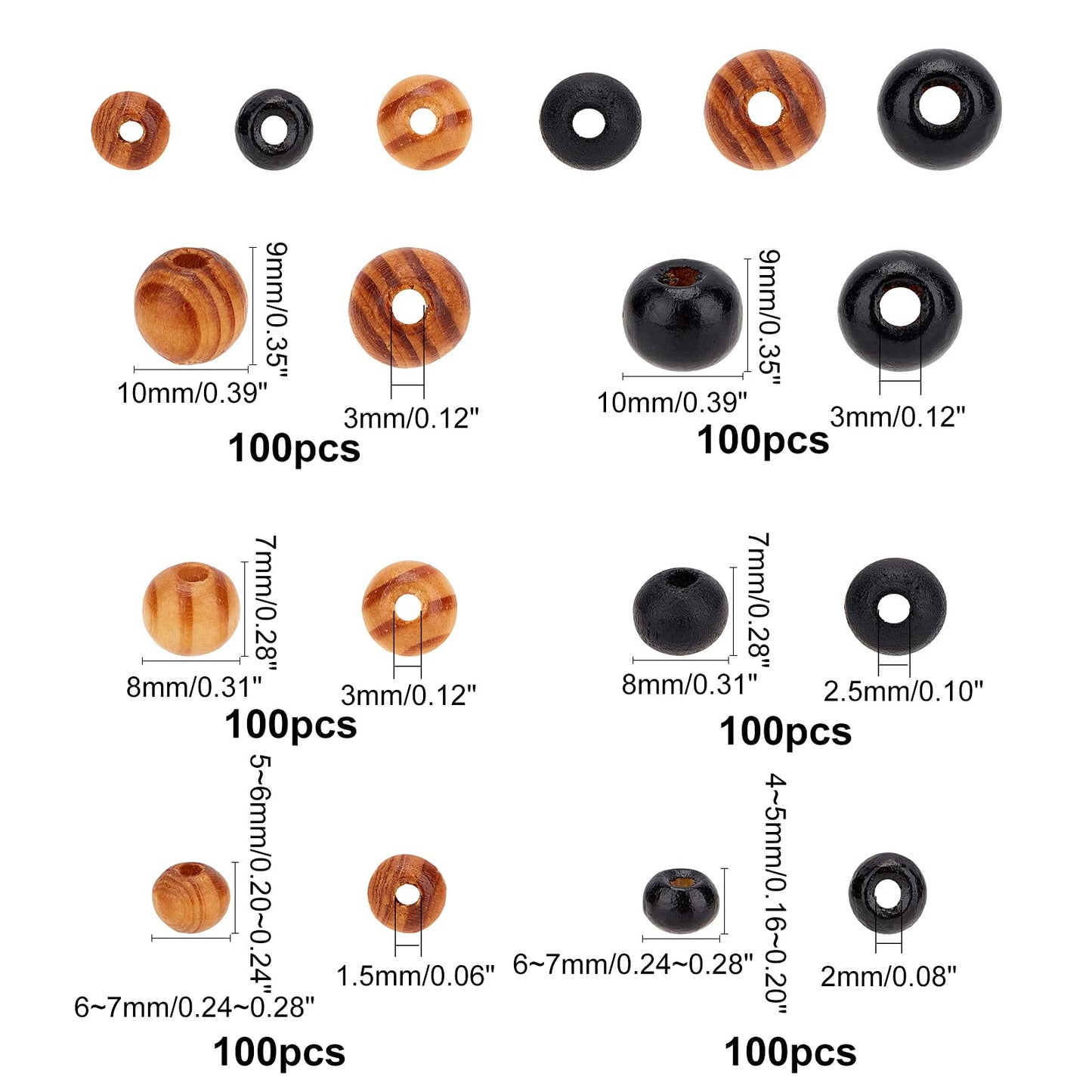 PH PandaHall 600pcs Wooden Beads Black Wood Balls 6/8/10mm Polished Loose Beads Ball Spacer Bead for Christmas Farmhouse Bracelet Necklace Jewelry Making Home Party Decorations Garland Making
