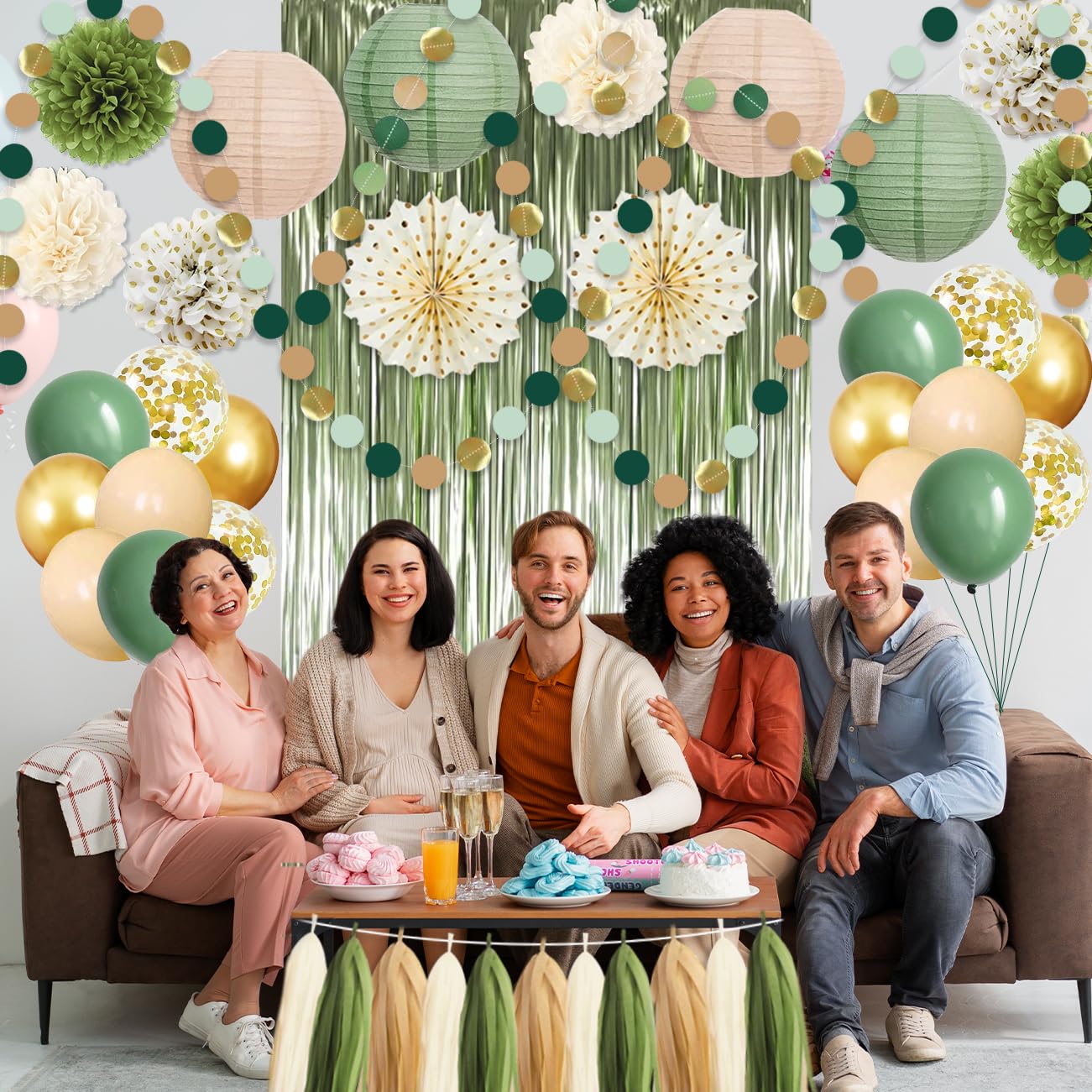 Sage Green Party Decorations Birthday Party Decorations Bridal Shower Balloons Paper Pompoms Fringe Curtain for Birthday Baby Shower Bridal Shower Supplies