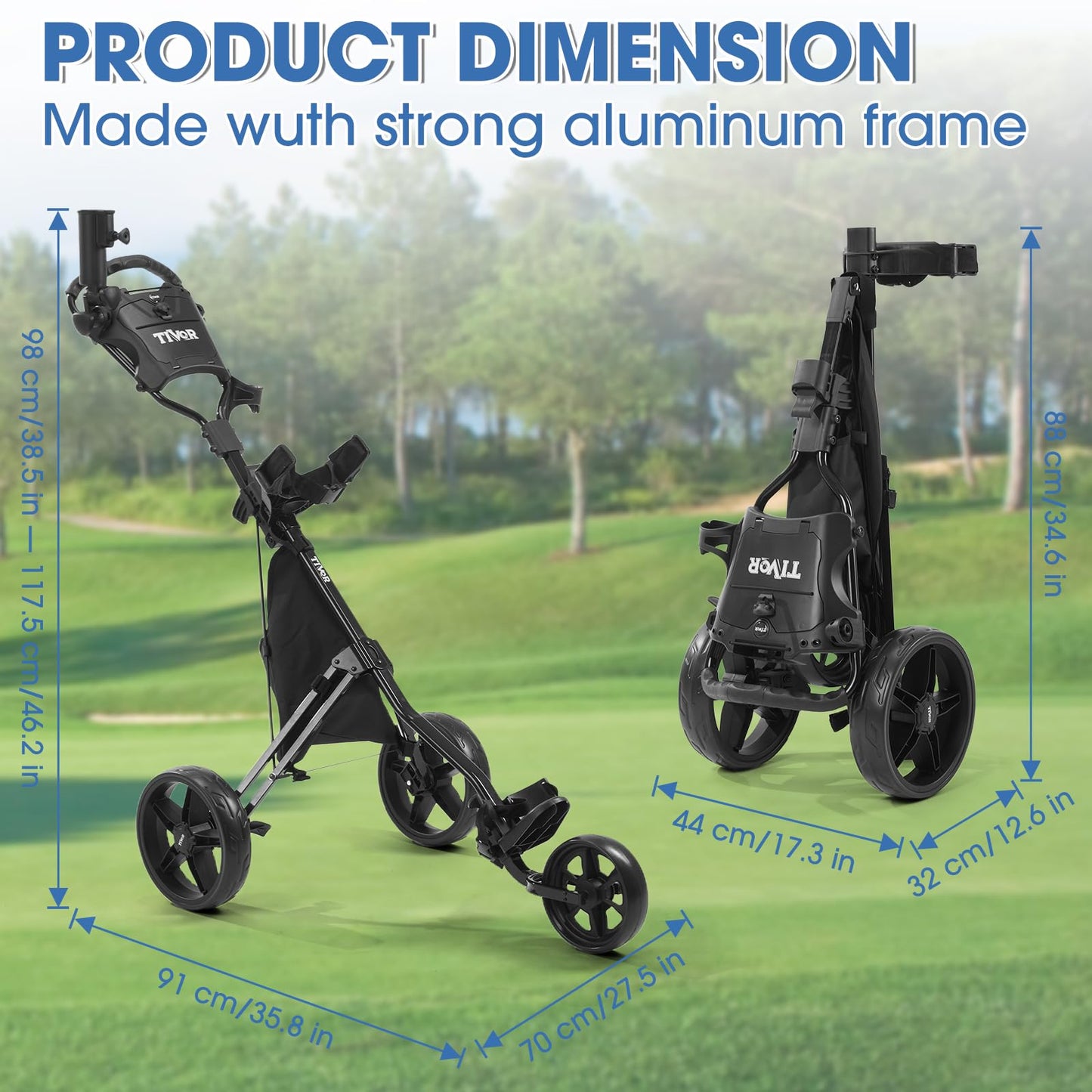 3 Wheel Golf Push Cart,Lightweight Golf Pull Cart with Quad-Fold Frame,and Cleaning Kit Golf,Cooler Bag,Cup/Phone/Umbrella Holder Compact Golf cart-green