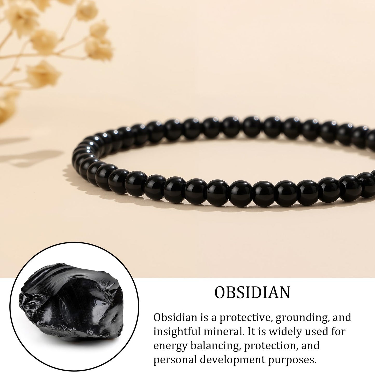 GolbalJew Natural Gemstone Beads Bracelets Healing Crystal Stone Beaded Bracelet for Women Men Handmade Spiritual Jewelry Gifts, 4mm Obsidian Round Beads