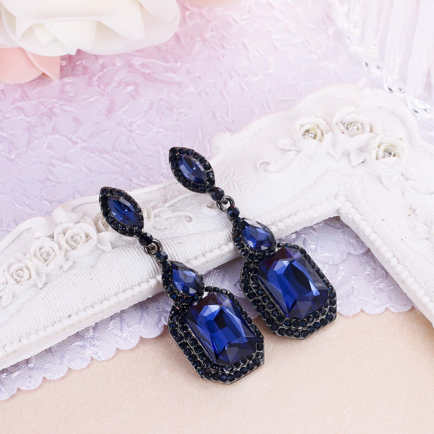 BriLove Wedding Bridal Dangle Earrings for Women Emerald Cut Crystal Infinity Figure 8 Chandelier Jewelry Navy Blue Sapphire Color Black-Silver-Tone