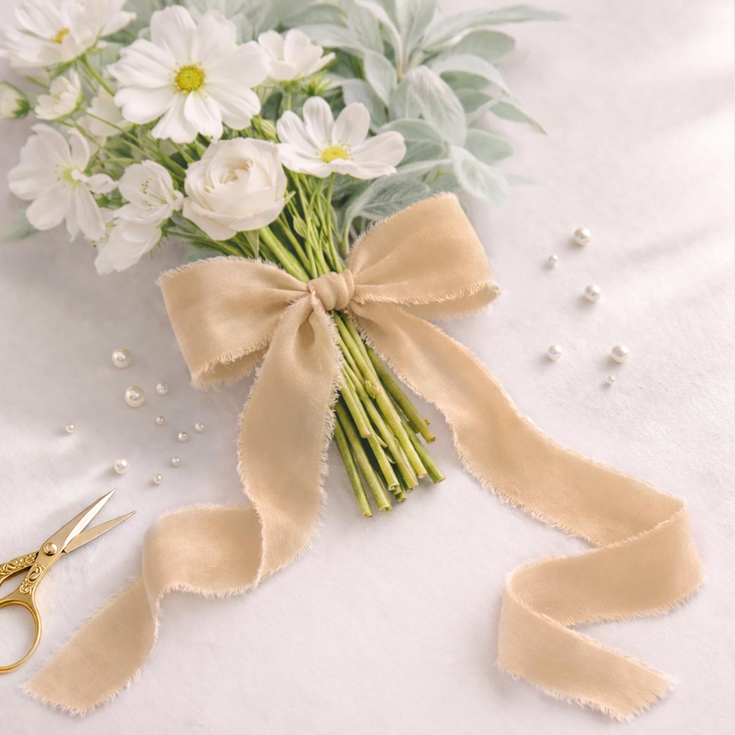 DORIS HOME Nude and Ivory Chiffon Ribbon for Flower Bouquet, 1.5" x21Yd Fabric Ribbon for Gift Wrapping, Handmade Frayed Ribbon for Wedding Christmas Decorations