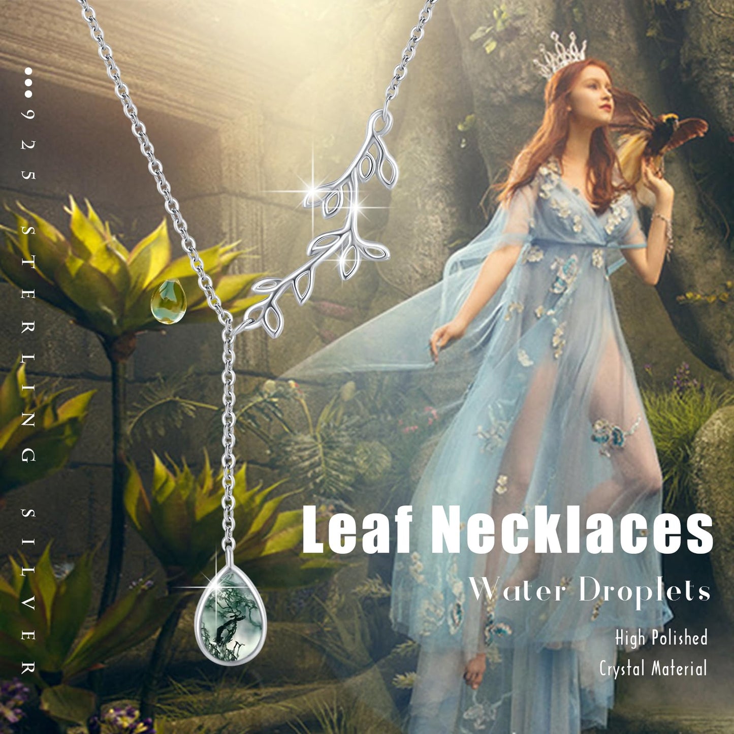 Silikepa Leaf Necklace for Women 925 Sterling Silver Leaf Pendant Necklace Y Chain with Moss Agate Jewelry Gifts for Women