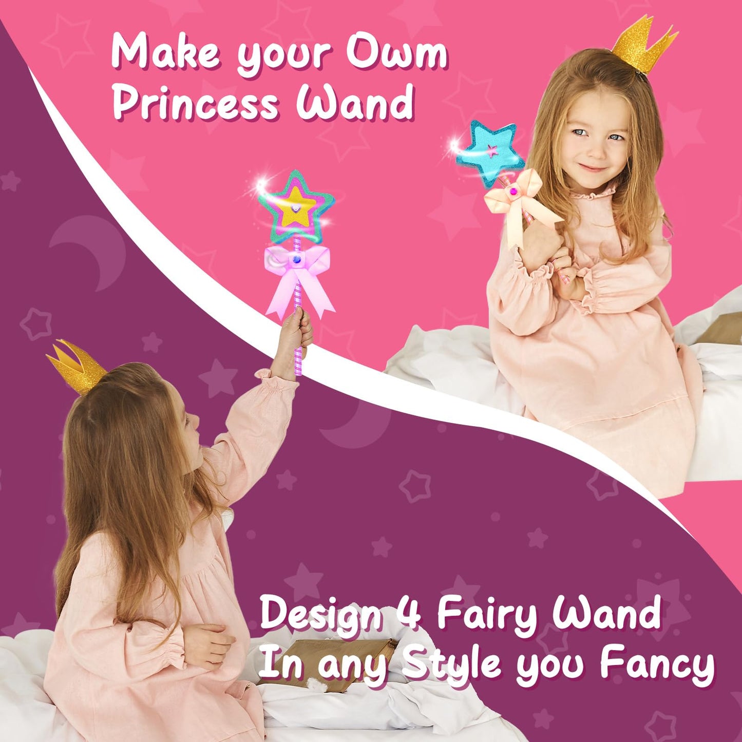 Ambesi Make Your Own Princess Wand Craft Kit, 4PCS Thick Wooden Fairy Wands with Gem Stickers & Ribbons, Art Kits for Toddler, Girls Painting Crafts Birthday Holiday Gifts for Girls Ages 3 4 5 6
