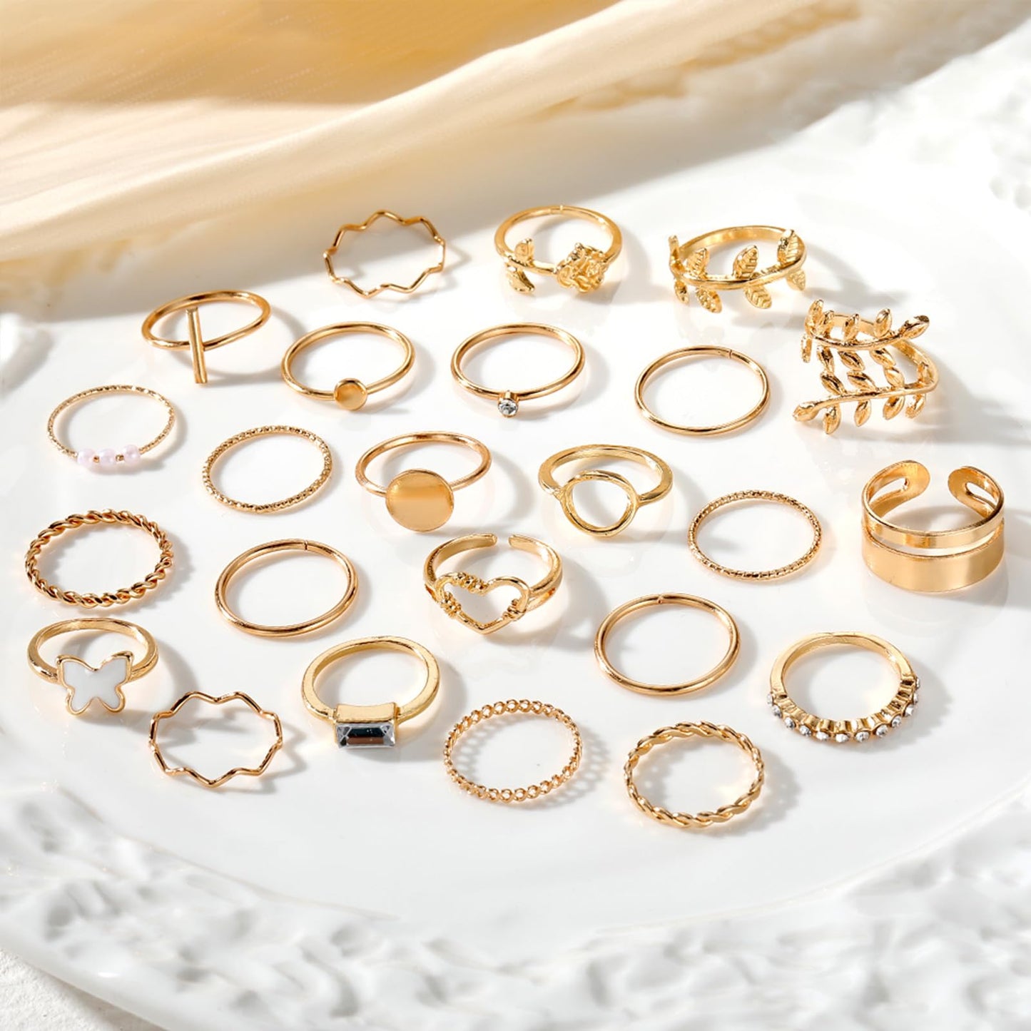 IFKM 24 Pcs Gold Knuckle Rings Set For Women Vintage Stackable Joint Finger Midi Rings Dainty Cubic Zirconia Crystal Simple Twist Hollow Cute Rings Pack Jewelry Gift (Love of Leaves, Gold)