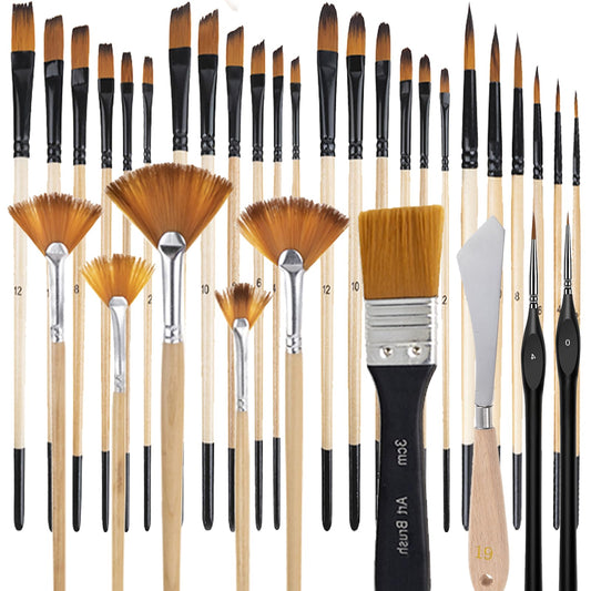 33 Pieces Paint Brush Set, Artist Series, Nylon Bristles with Round, Filbert, Flat, Fan, Angle, Detail Brush, Palette Knife,Suitable for Artists and Beginners for Acrylic Painting, Oil, Watercolor..