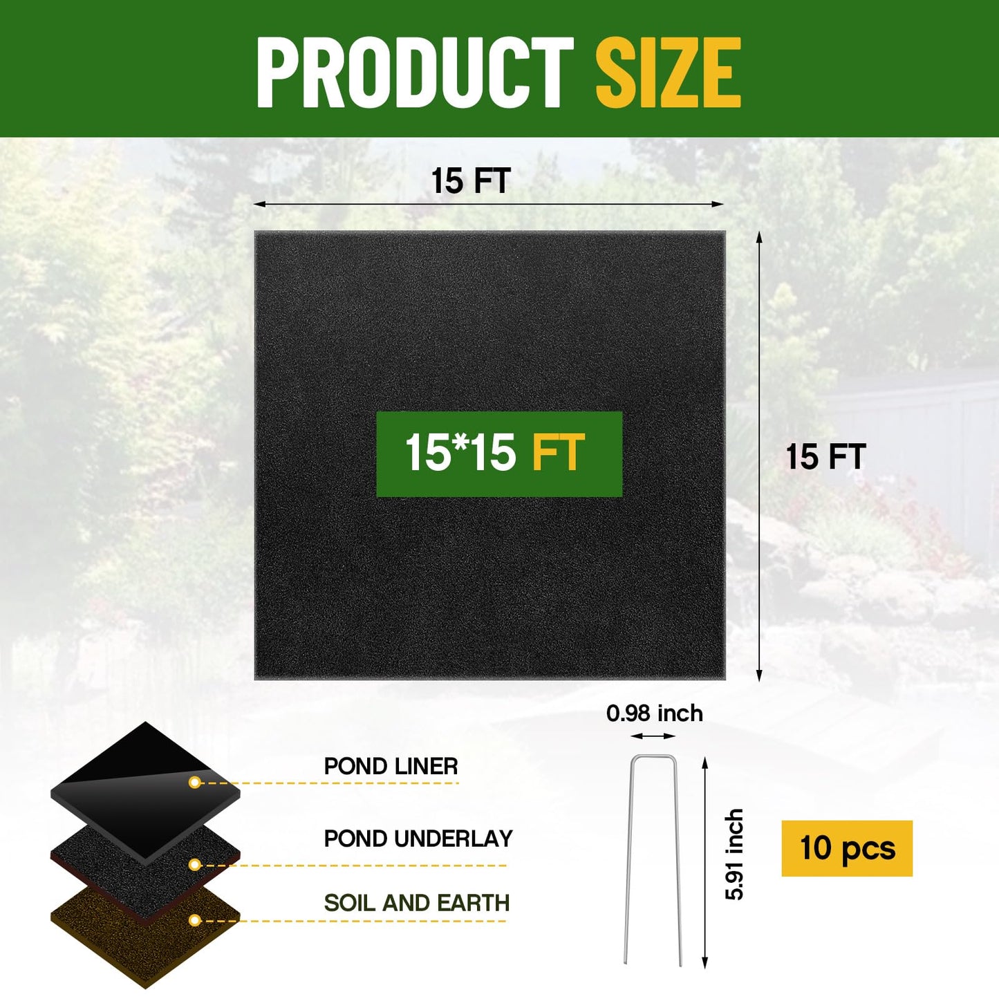 Fanfanwin 15 x 15 ft Pond Liner Underlayment 6oz Heavy Duty Black Non Woven Geotextile Underlayment Fabric with 10 U-pins for Outdoor Pond Streams Fountains Garden Waterfalls Fishpond Weed Barrier