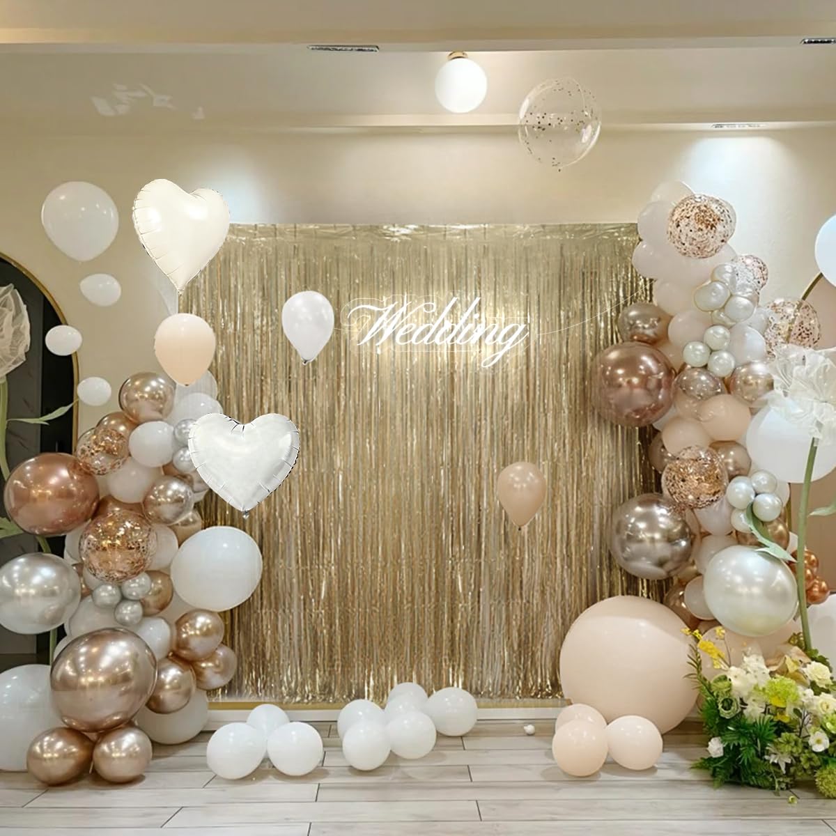 White and Champagne Gold Balloons Garland Arch Kit with Rose Gold Fringe Curtain for Woman Girl Princess Engagement Bridal Shower Wedding Baby Shower Boho Birthday Party Decorations