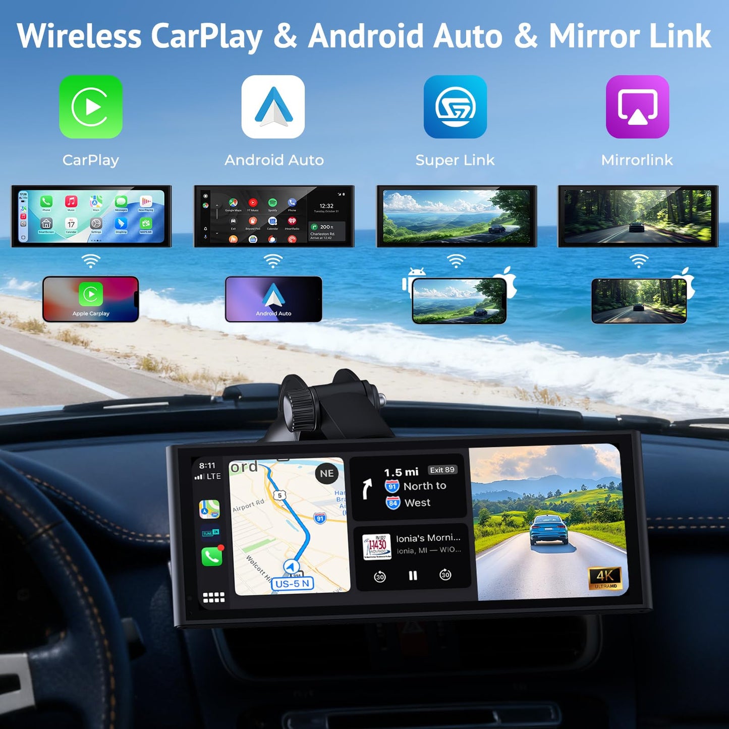 Wonsidary 10.26" HD Wireless CarPlay Screen for Carplay & Android Auto Touch Screen,4K Dash Cam,1080P Backup Camera,Mirror Link,Voice Control,GPS,Bluetooth,64G TF,for All Vehicles