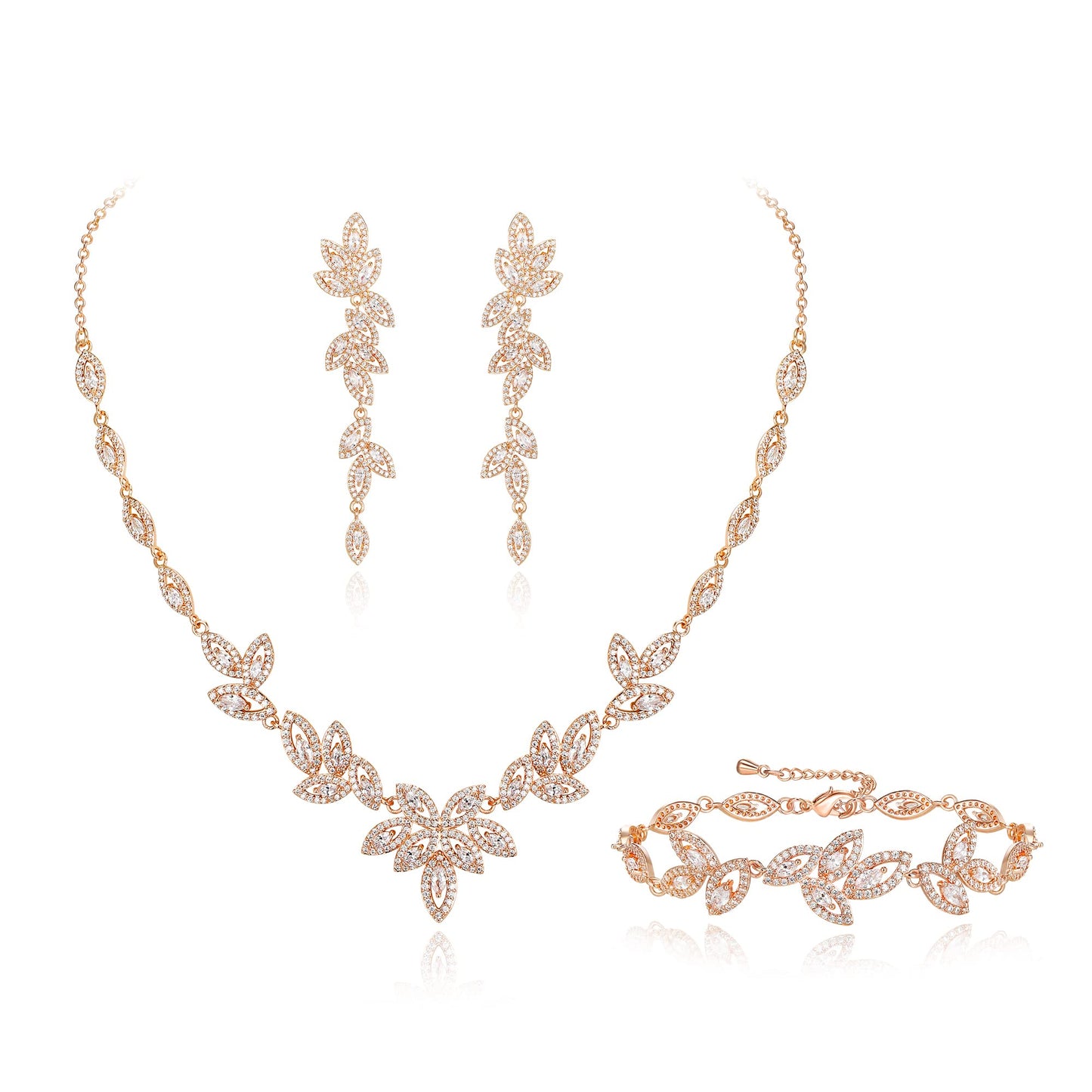 EVER FAITH Cubic Zirconia Bridal Jewelry Set for Bride Bridesmaid, Elegant Marquise Leaf Necklace Dangle Earrings Bracelet Sets for Woman Clear Rose Gold-Plated-Brass
