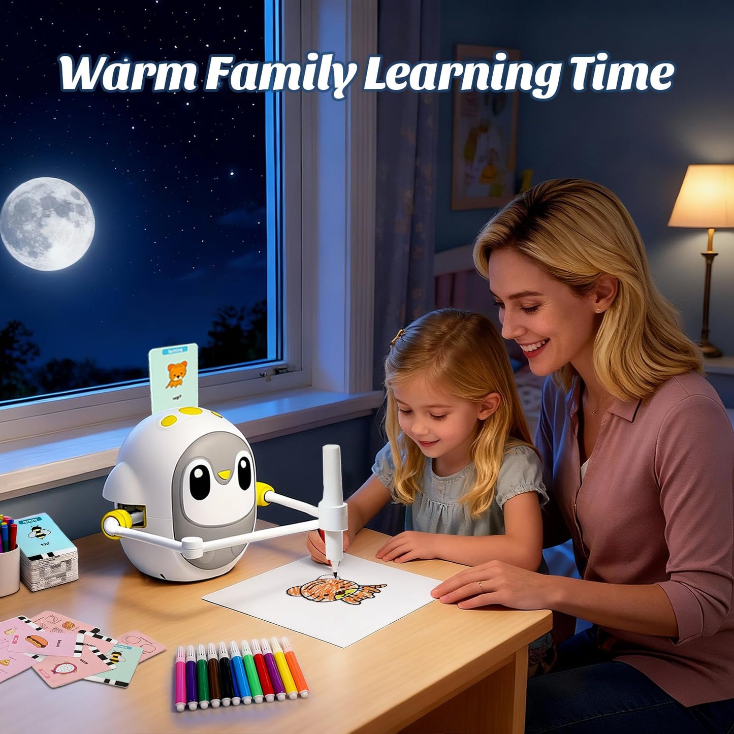 GMYGBY Drawing Robot for Kids, Montessori Learning Drawing Machine with 200 Cards, Smart Educational Painting Toy for 3 4 5 6 7 8 Year Old Boys Girls Birthday Party Gift- (Penguin)