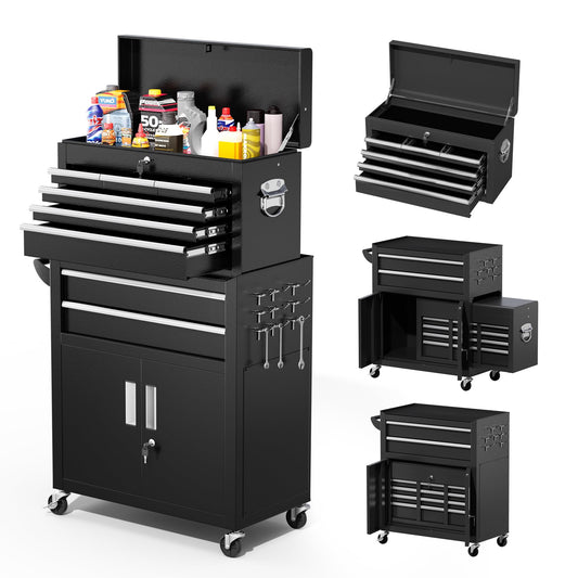 Greenvelly Metal Tool Chest,8-Drawer Rolling Tool Cart with Wheels,2 in 1 Detachable Tool Cabinets,Tool Box,Liners and Locking System for Garage,Warehouse,Workshop, Barbershop(Black)