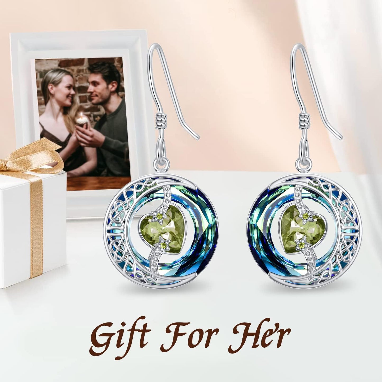 TOUPOP Peridot Earrings August Birthstone Earrings Sterling Silver Moon and Star Drop Dangle Earring Jewelry Blue Crystal Birthday Mothers Day Gifts for Women Mom Her