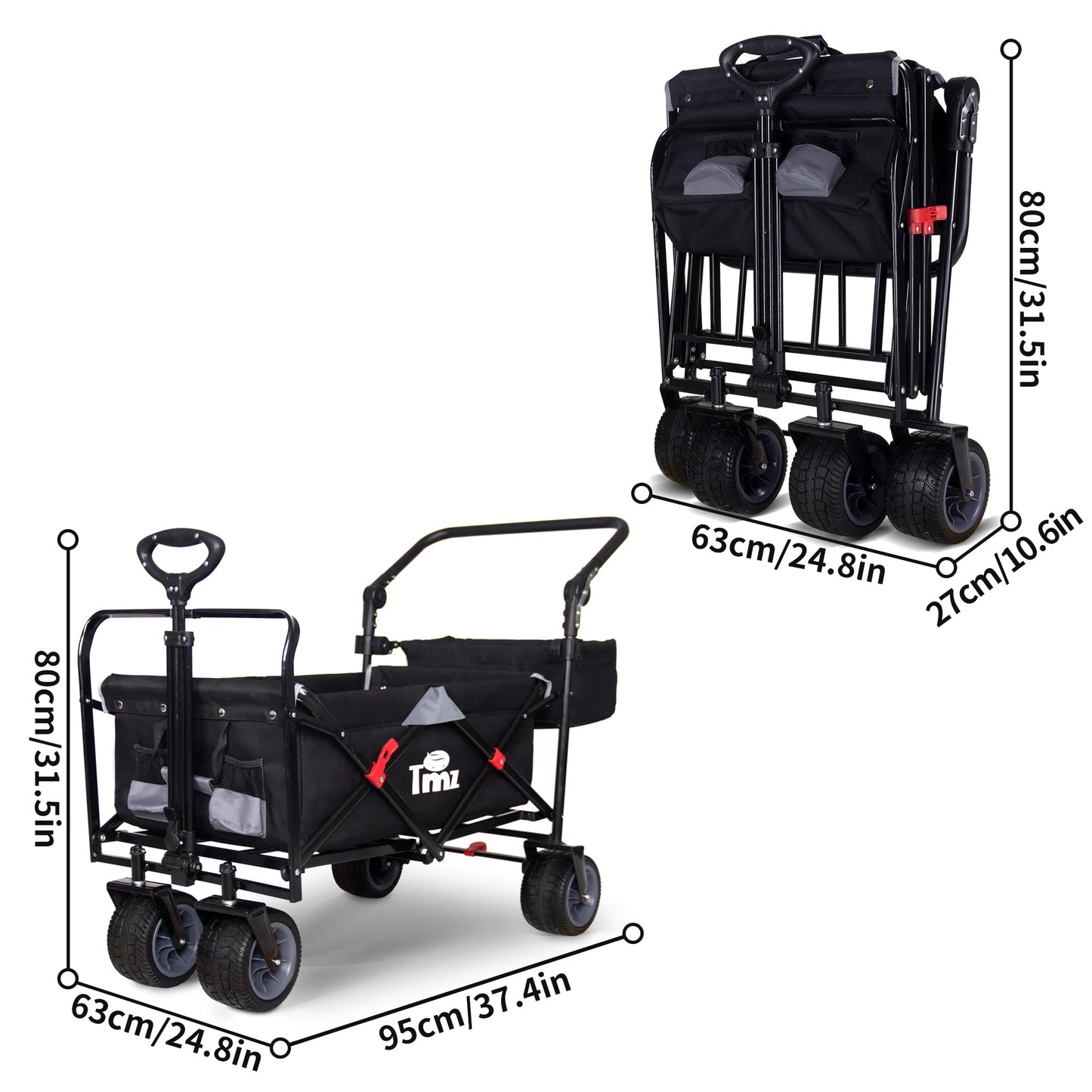 TMZ All Terrain Utility Folding Wagon, Collapsible Garden Cart, Heavy Duty Beach Wagon, for Shopping, Camping, and Outdoor Activities with Push Handle and Brake (Black/Grey)