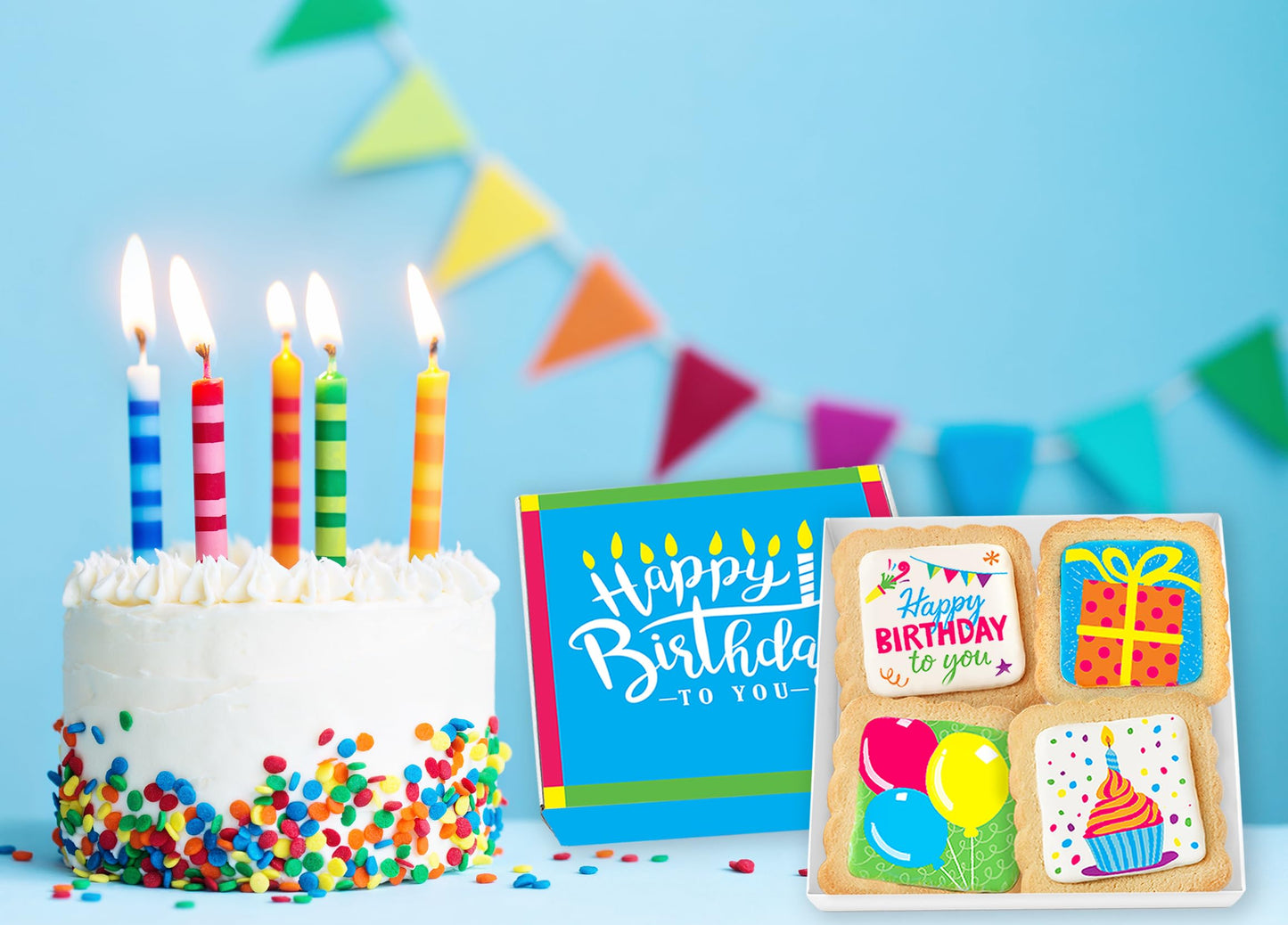 Happy Birthday Cookies 4 PACK Gift Basket for Kids Men Women | Decorated Sugar Cookie Gift Box | Individually Wrapped Party Favors Nut Free (Birthday, Standard Box)