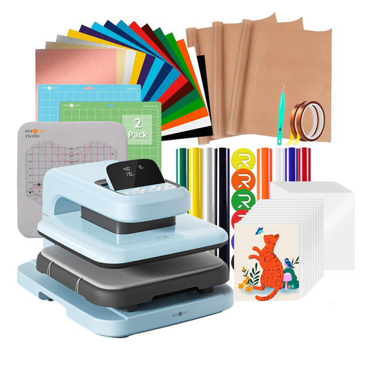 HTVRONT Automatic Heat Press Machine for T Shirts - Heat Press 15x15 with Adjustable Pressure & 55 Pack Heat Press Accessories & 2 Pcs Cutting Mat & 8 Pcs Puff Heat Transfer Vinyl