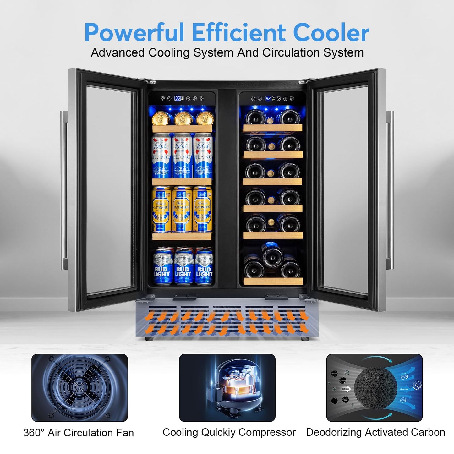 FoMup Wine and Beverage Refrigerator with Glass Door, 24-Inch Dual Zone Wine Fridge Under Counter - 18 Bottle and 88 Can Large Capacity Led Blue Light Smart Fast Cooling Wine Cooler