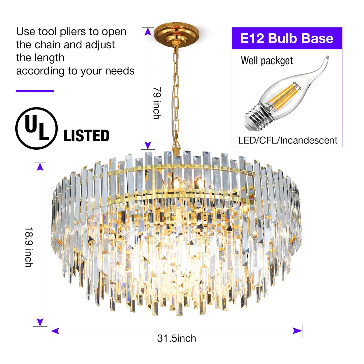 Lt-vt Gold Copper Crystal Chandelier Lighting 31'' for Dining Rooms Bedroom Foyer Entryway Ceiling Hanging Pendant Chandelier Light Fixture Lamp
