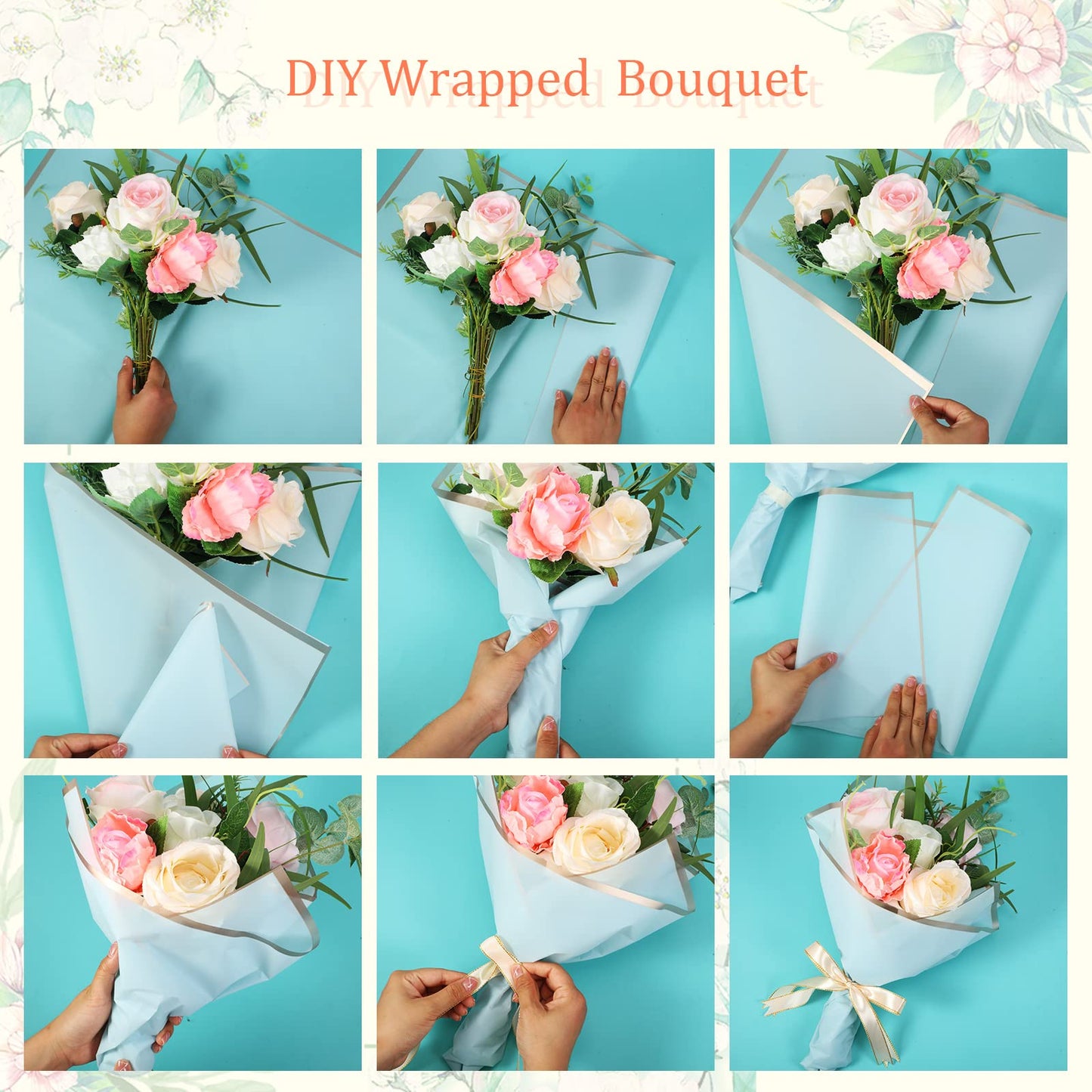 Tenare 20 Sheets Waterproof Floral Wrapping Paper with 2 Ribbons - 23.6" x 23.6" Frosted Flower Bouquet Wrapping Paper for Mother's Day, Wedding, Birthday & Florist Supplies(Bright Colors)