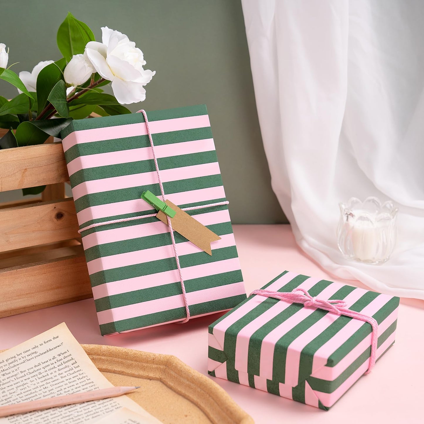 WRAPAHOLIC 30 Inch Kraft Wrapping Paper - 30 Inch x 33 Feet - Green and Pink Stripe Wrapping Paper for Christmas, Birthday, Wedding, Baby Shower