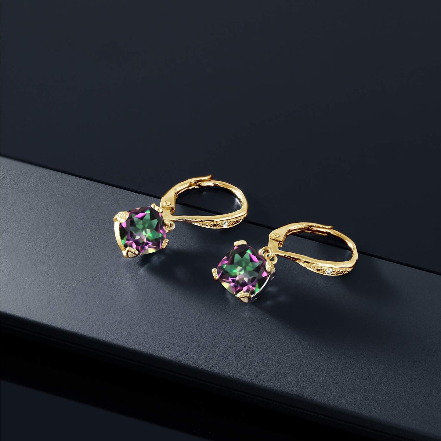Gem Stone King Drop Dangle Earrings For Women | 7MM Cushion Cut Gemstone Birthstone and Diamond | 925 Sterling Silver | Jewelry Gift for Mom Wife Her | Green Mystic Topaz | Yellow Gold