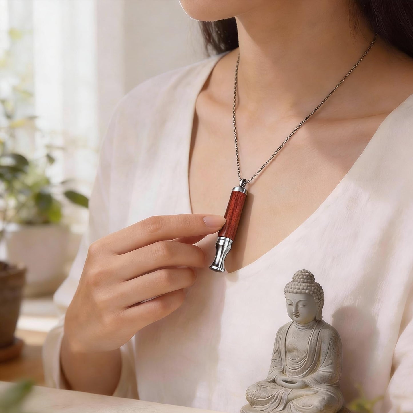 BOLAGTIER Mindful Breathing Necklace: Natural Wood Fidget Charm for Anxiety Relief & Quit Smoking Aid, Stainless Steel Sensory Pendant to Calm Your Mind (Steel)