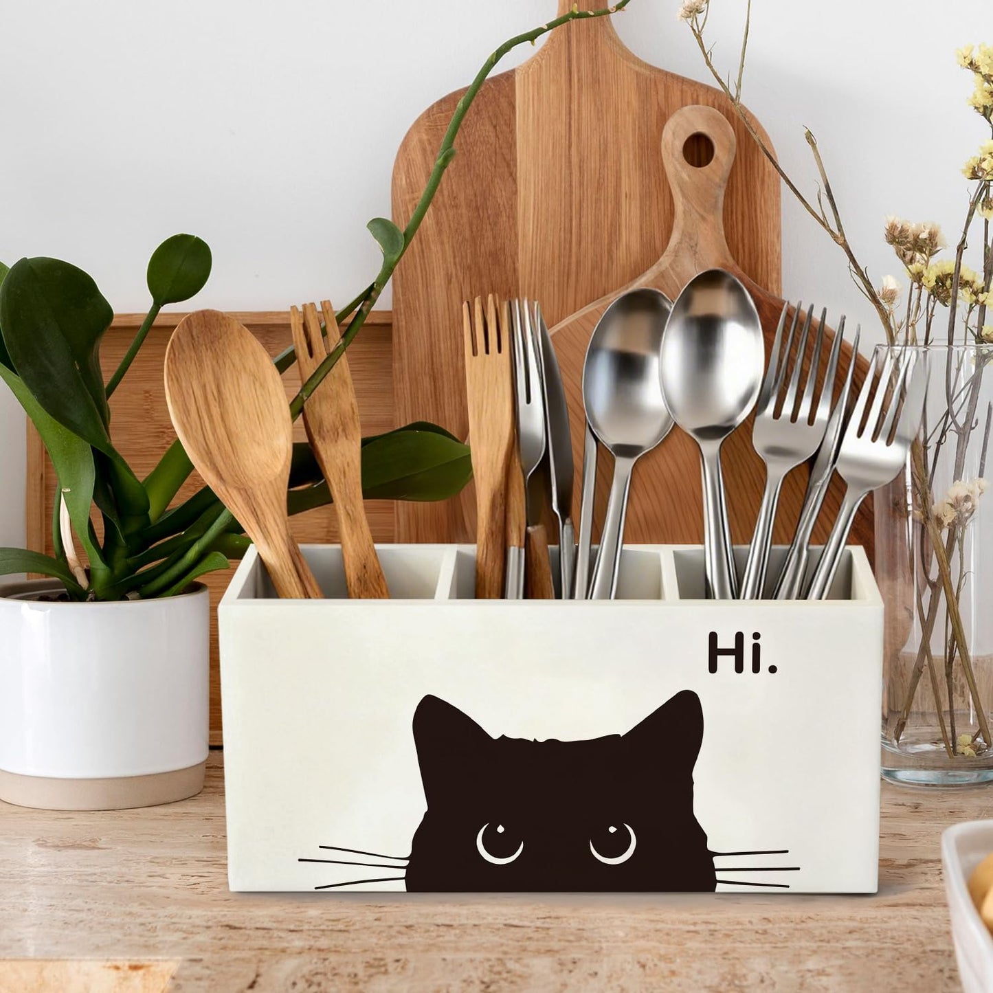 ELMCH Hi Black Cat Pen Pencil Holder Organizer for Desk, Black Cat Mom Lady Lovers Owner Gifts, Personalized Wooden Box Sign Desk Decor for Home Office Library Accessories