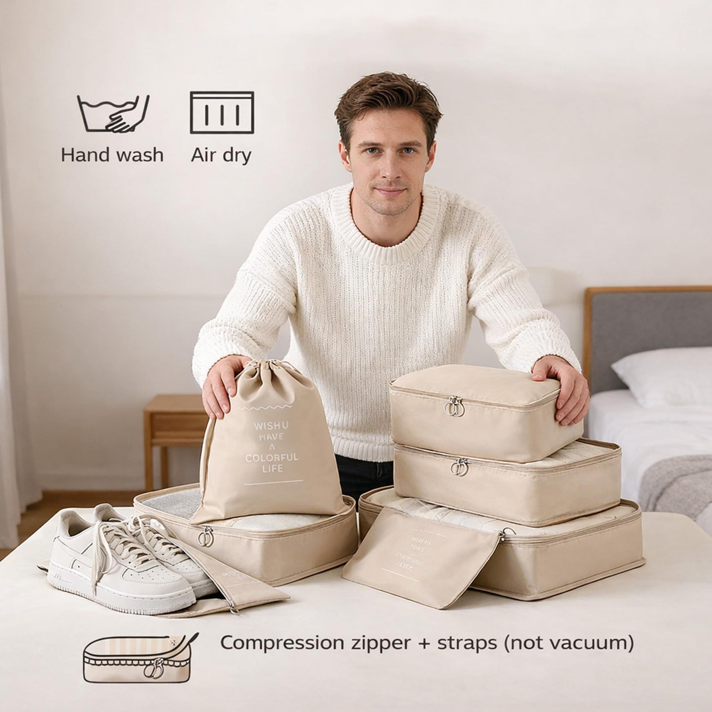 7 Set Packing Cubes For Travel | Luggage Organizer Bags With Shoe, Laundry Bag, Accessory Pouch And Lingerie Bag | Durable And Space Saving Suitcase Organizer For Travel Essentials | Beige