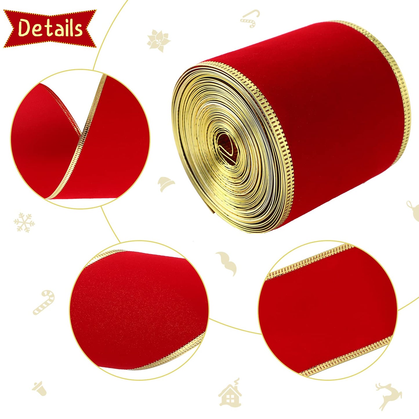 2 Rolls 2.5 Inch x 12 Yards Red Velvet Ribbon Christmas Wide Ribbons Red Wrapping Ribbon Craft Fabric Ribbons with Golden Edge for Wreaths DIY Crafts Bows Christmas Party Decoration
