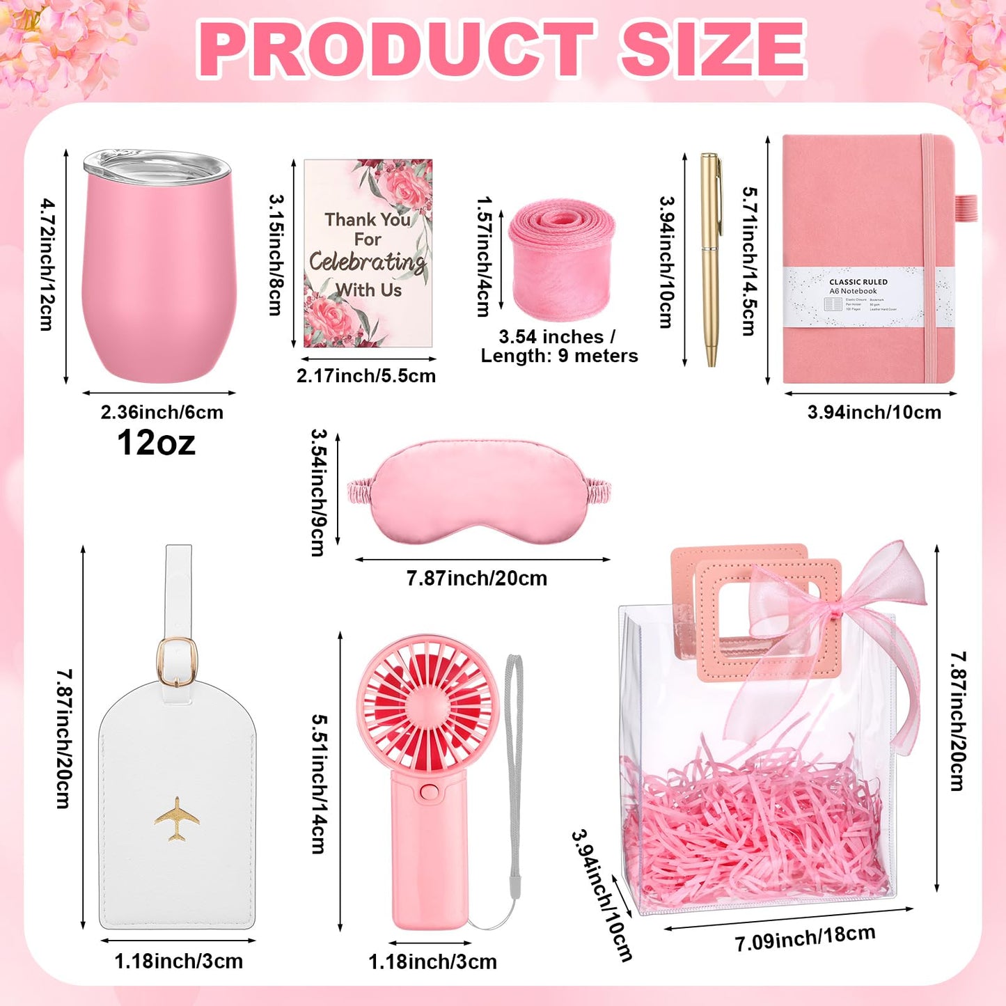Talltalk 6 Sets Baby Shower Prizes for Game Wedding Bridal Shower Winners Gifts Guest Favors Luggage Tag Handheld Fan Cup Notebooks Silk Eye Mask Ballpoint Pen Card Bags(Pink)