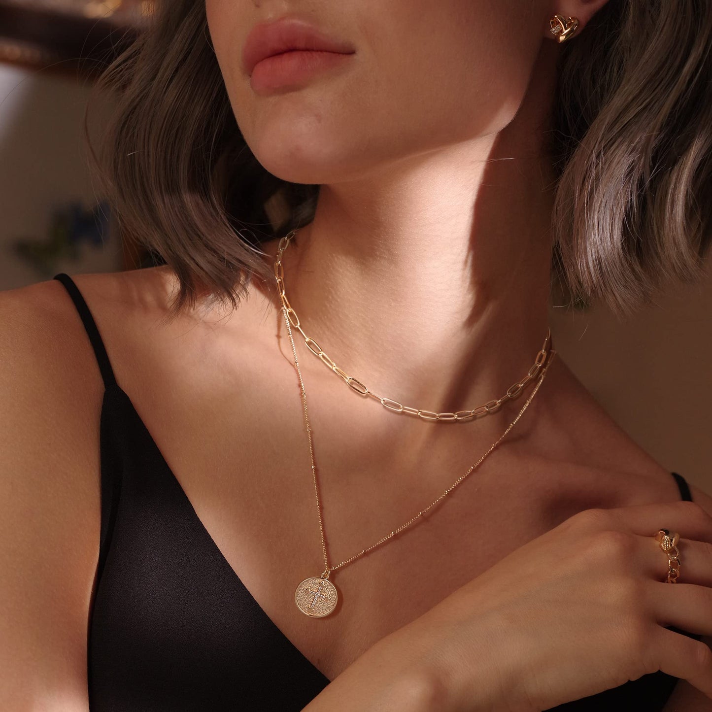 MEVECCO Gold Layered Choker Necklace for Women, 18K Gold Plated Dainty CZ Cross Coin Pendant Minimalist Paperclip Double Layer Necklace for Jewelry