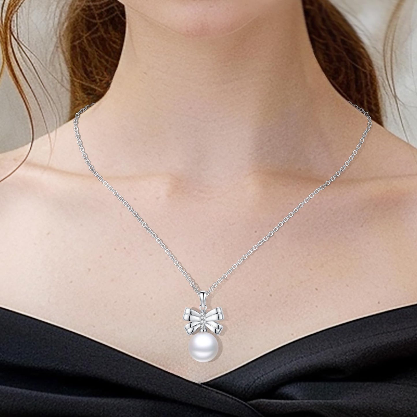 13 mm Bow Pearl Necklace 925 Sterling Silver Jewelry 5A Cubic Zirconia Pendant Necklace Gifts for Mom Women Girlfriend Grandma Lover Her Wedding Birthday Anniversary Engagement Valentine's Day