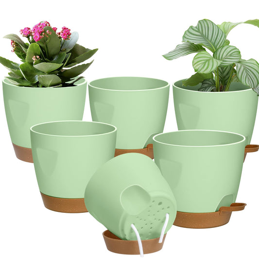 5-Pack Plant Pots with Drainage 7/6.5/6/5.5/5 Inch Self Watering Pots for Indoor Outdoor Plants, Plastic Flower Pots with Drainage Holes and Removable Saucers, Plant Pots with Wicking Rope (Green)
