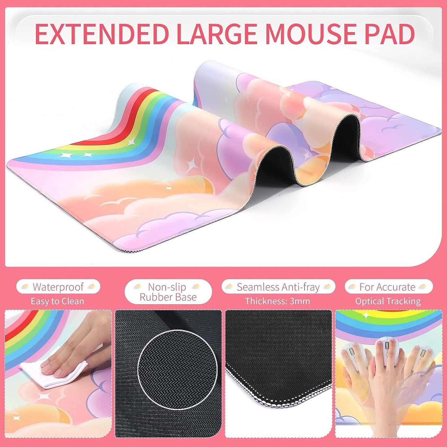 ATTACK SHARK Cloud Wrist Rest Mousepad Set for Gaming Keyboard and Mouse(31.3x11.6in) XXLarge Desk Mat Gel Wrist Support,PU Soft Memory Foam,Pain Relief,Non Slip Office Supplies for PC/Laptop-Pink