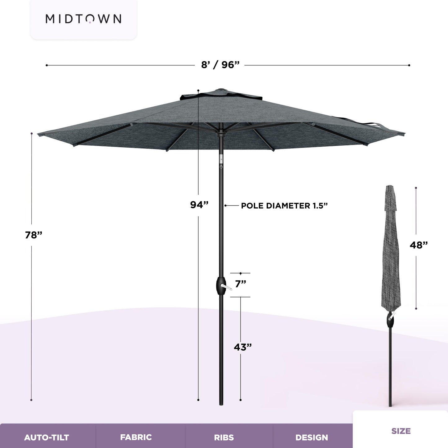 Midtown Umbrellas – The Lean 8 Ft Patio Umbrella with 10-Year-No-Fade Acrylast Acrylic Fabric, Auto-Tilt and 8 Reinforced Ribs for Deck, Pool, Garden, Hotel & Cafes – Stonecast Grey Canopy, Black Pole