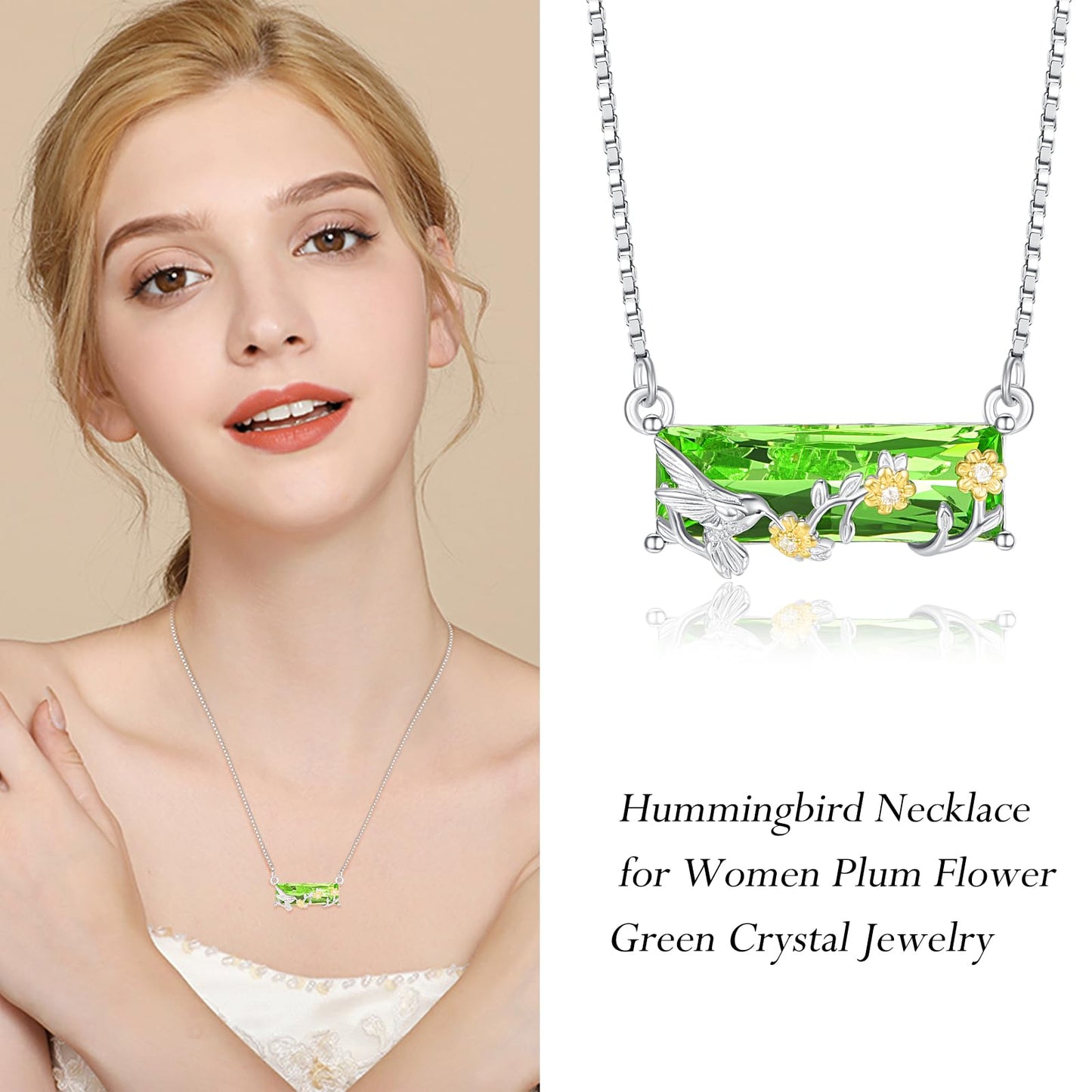 AENEAS Valentines Day Gifts for Women Her Hummingbird Necklace for Women Sterling Silver Cute Animal Pendant Plum Flower Green Crystal Jewelry Birthday Gifts for Her Wife Daughter