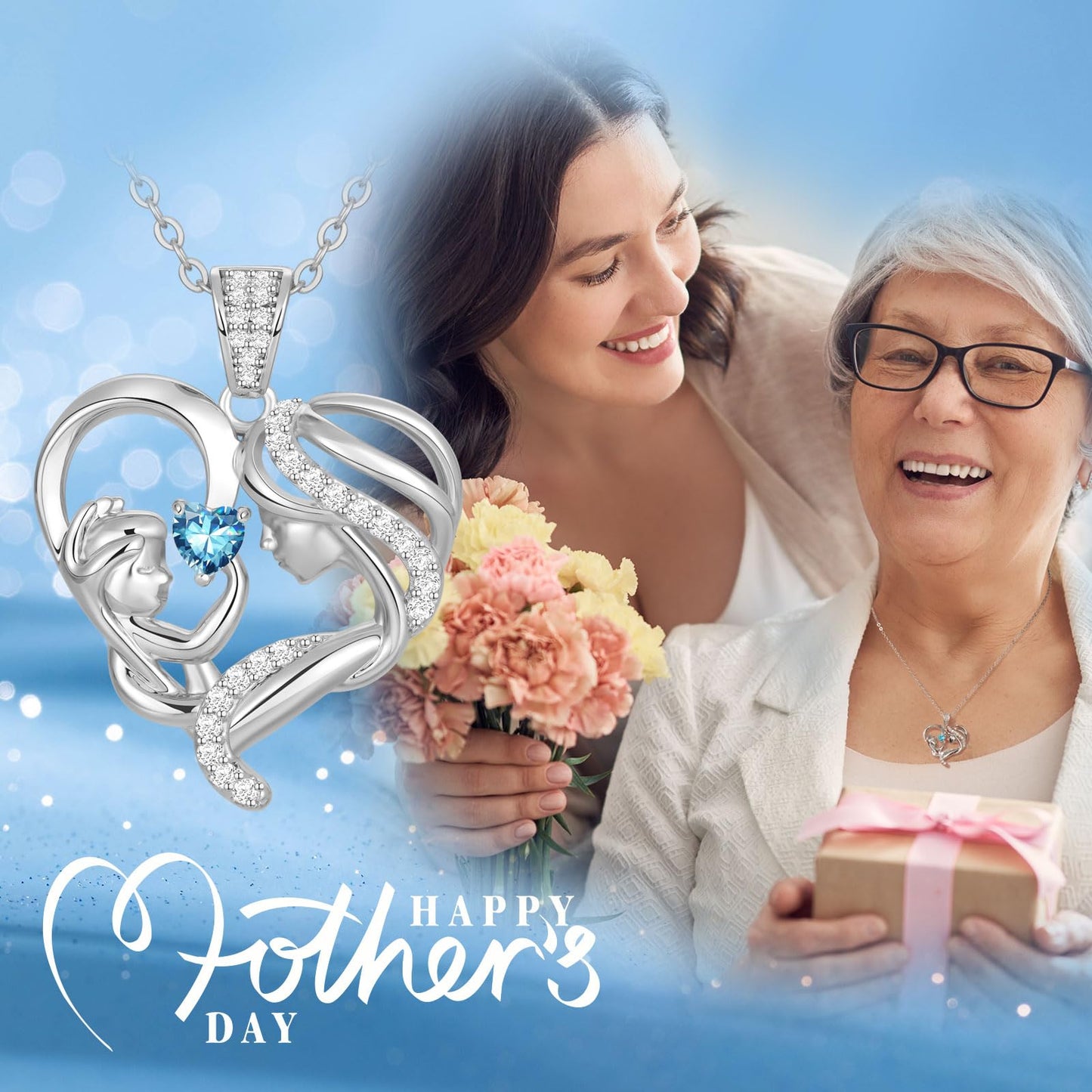 Zifeel Mothers Day Gifts for Mom Wife Her Grandma, S925 Sterling Silver Birthstone Necklaces Jewelry for Women, Mother's Day Love Heart Pendant Necklace for Anniversary Birthday Christmas Day