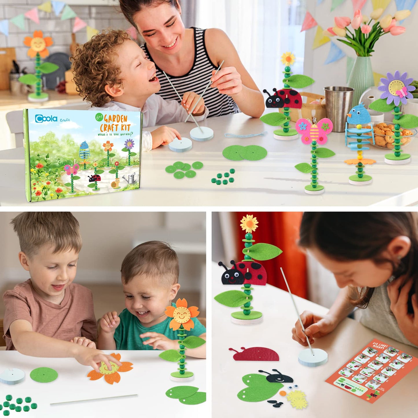 Coola Spring Craft Kit for Kids - Art and Craft DIY Early Educational Toys Suitable for Girls & Boys Pack 6 Include 2Flowers Snail Birdie Butterfly Ladybug Best Gift for Kids Age 3,4,5,6,7,8,9