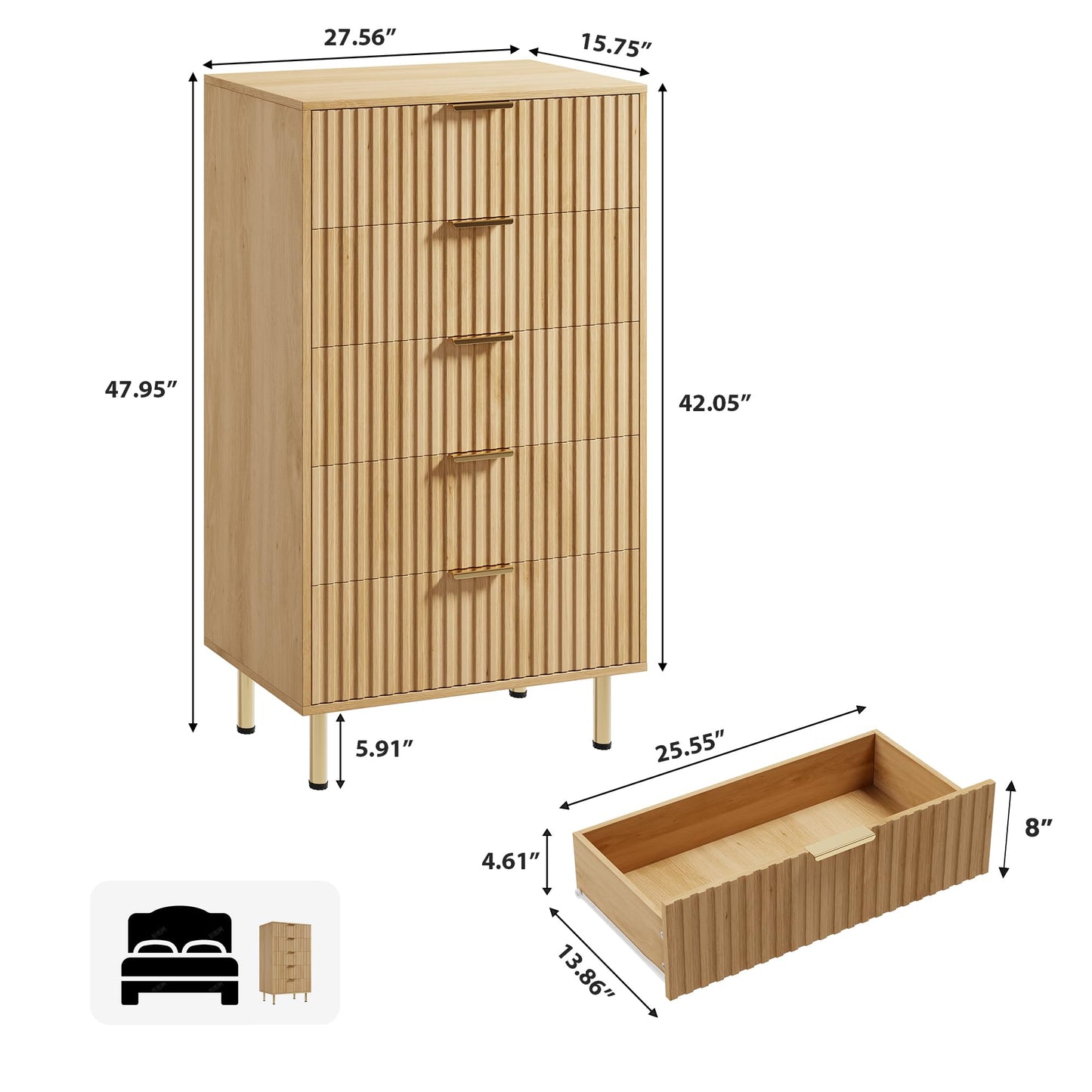GarveeHome 5 Drawer Dresser for Bedroom, 48 in Tall Modern Chest of Drawers with Deep Drawers and Wide Top, Fluted Wooden Dresser Organizer for Living Room, Hallway, Kids Room, Natural