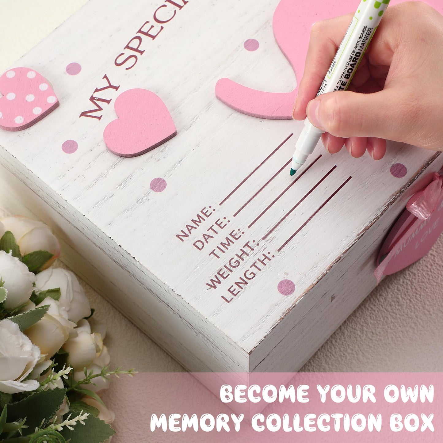 Soaoo 3D Wooden Baby Boys Memories Keepsake Box Baby Girls Elephant First Keepsake Box New Parent Newborn Baptismal Birthday Gift for Mementos 11.81'' x 7.87'' x 3.94''(Pink)